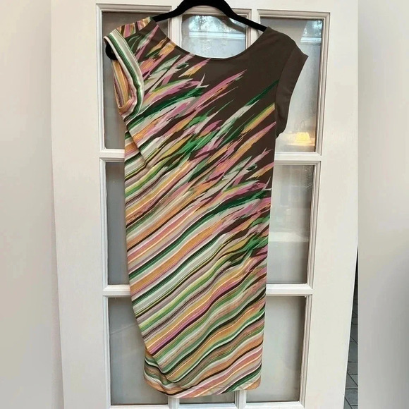 BCBGMAXAZRIA | Women's Size S Small  Dress Stripe Print Ruched Side Brown Multi - Picture 9 of 10